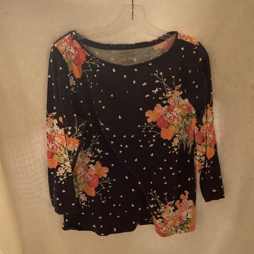 Talbots Navy Floral Women's Mid-Sleeve Top